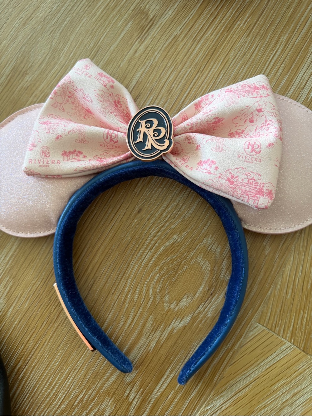 Riviera Pink Toile Bow Ear Headband with Navy Velvet Band